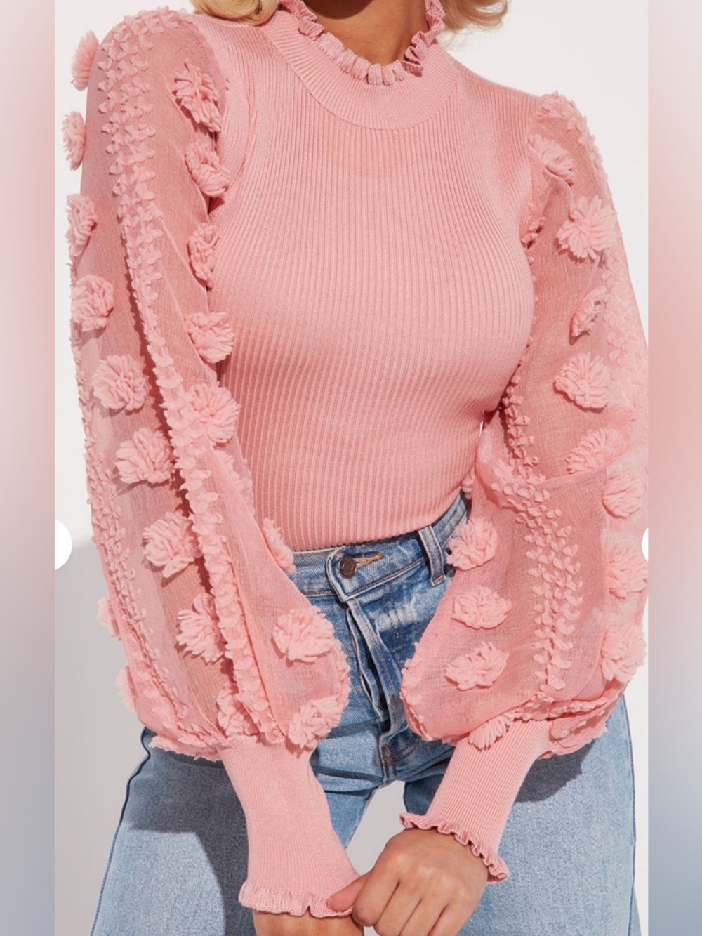 Pink Puff-Sleeve Ribbed Sweater